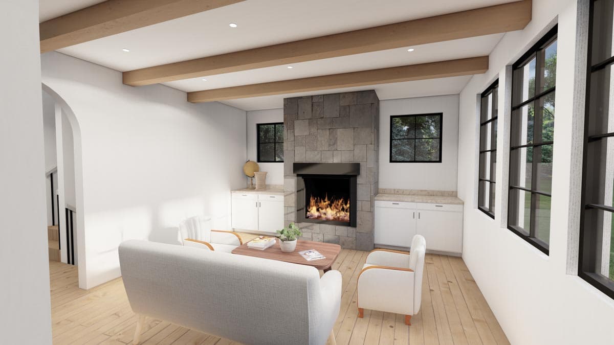 Interior rendering: Living room with stone fireplace, wood beams on ceiling, built-in cabinets, and large windows.