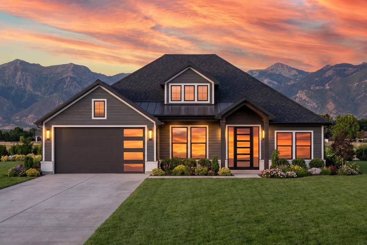 House plan exterior with two stories. Features include a gabled roof, dormer, and attached garage. Modern Farmhouse style.