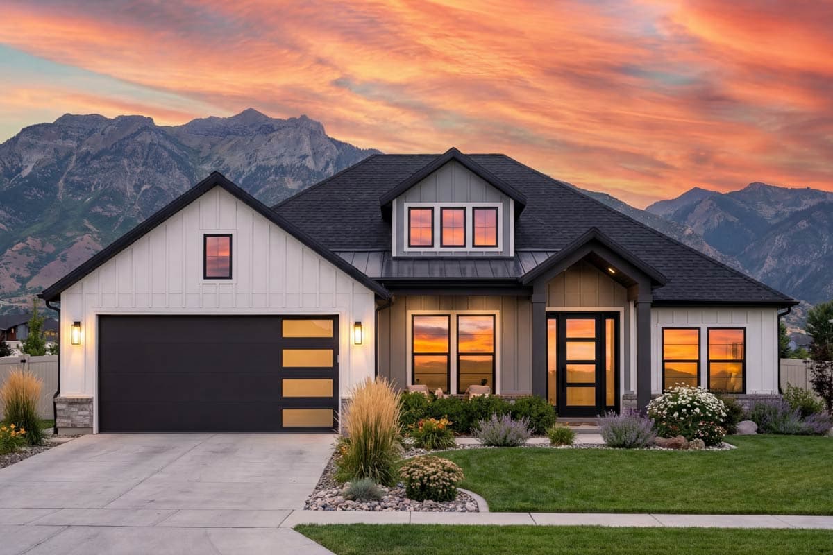 Modern Farmhouse style house plan exterior, two stories, with a front-facing garage, gable dormer, and covered entry.