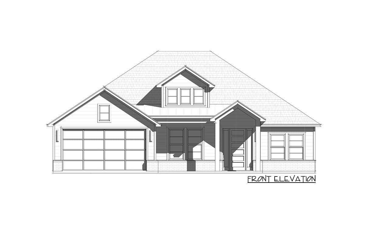 Front elevation of a house plan featuring a prominent gable roof, dormer, garage, and covered entry with multiple windows.