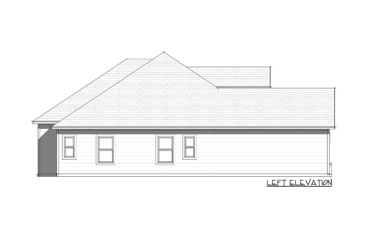 Left elevation house plan drawing showing hip rooflines, vinyl siding, and multiple windows.