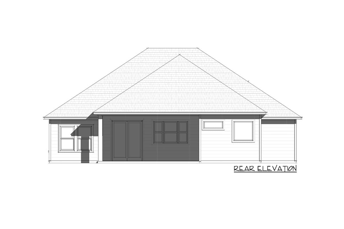 Rear elevation of a house plan featuring a prominent hipped roof, double doors, and multiple windows.
