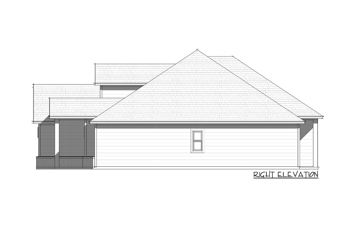 Right elevation house plan drawing showing rooflines, a covered porch support, siding, and a window.