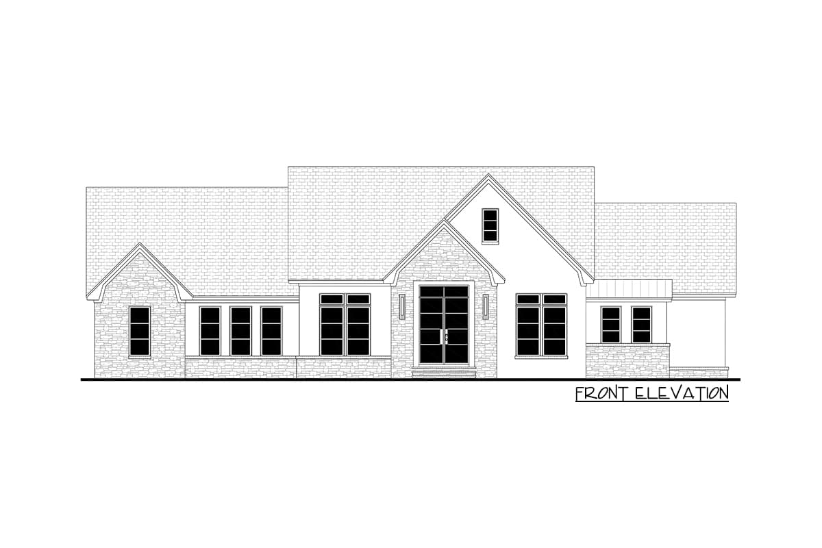 Front elevation drawing of a single-story house with a prominent gable, stone accents, double entry doors, and multiple windows.