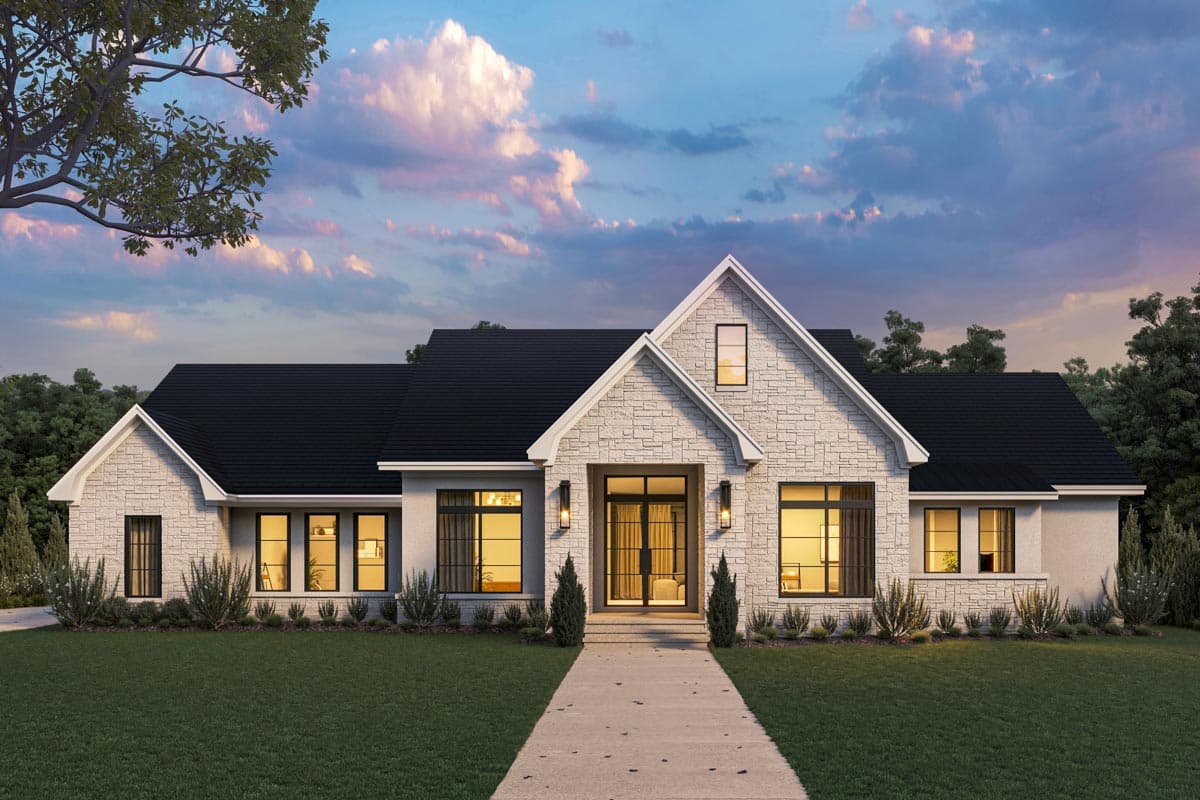Modern Ranch house plan exterior with stone accents, large gabled dormer, dark roof, and expansive windows.