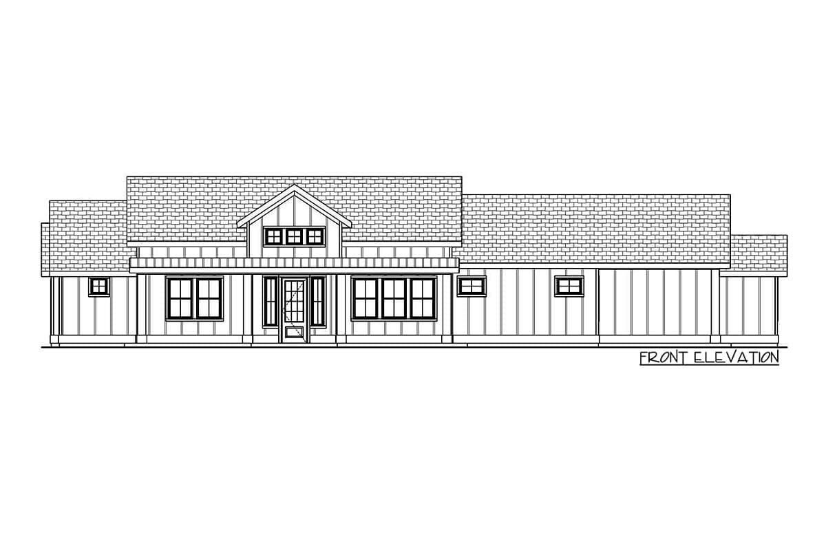 Front elevation drawing of a one-story house plan with a gable dormer, large windows, and vertical siding.