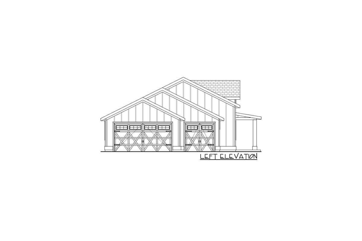 Left elevation drawing of a house plan showing a two-car garage, a single-car garage, and a covered porch.