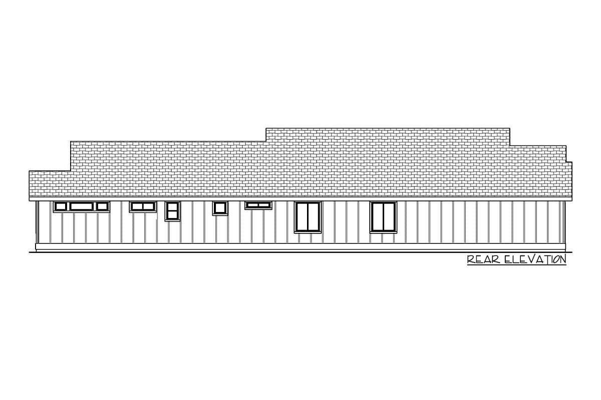 Rear elevation drawing of a house plan with a multi-level roofline and numerous windows.