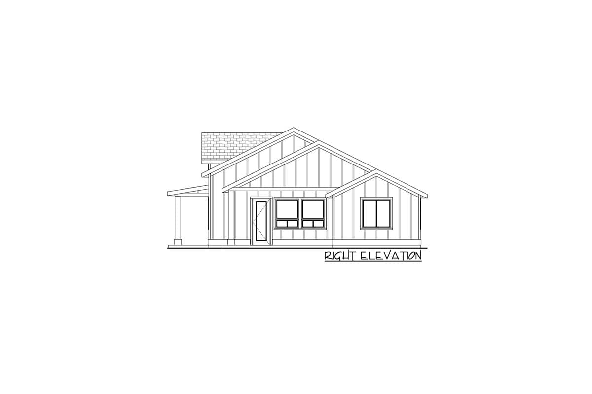 House plan right elevation drawing showing a one-story house with board-and-batten siding, gables, and a covered porch.