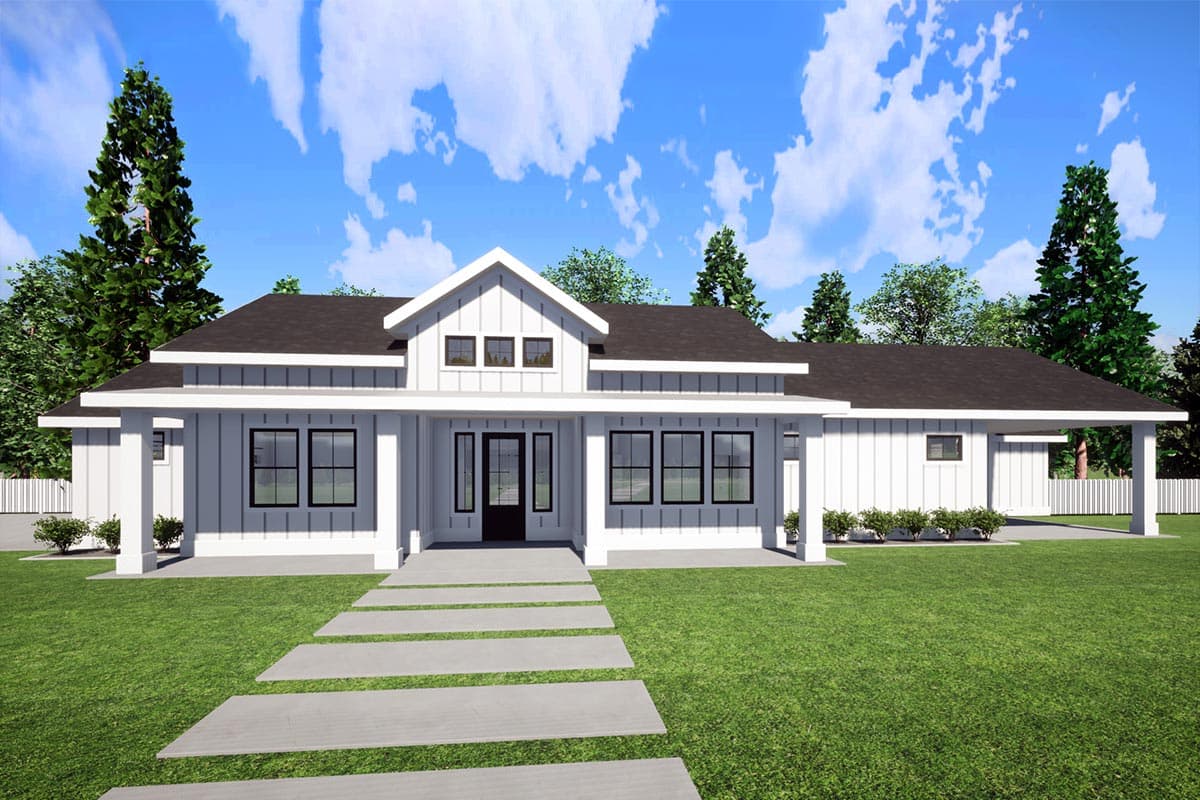 House plan exterior. Modern Farmhouse style, one-story. Features include a front porch, gabled roof, and attached carport. Exterior with white siding.