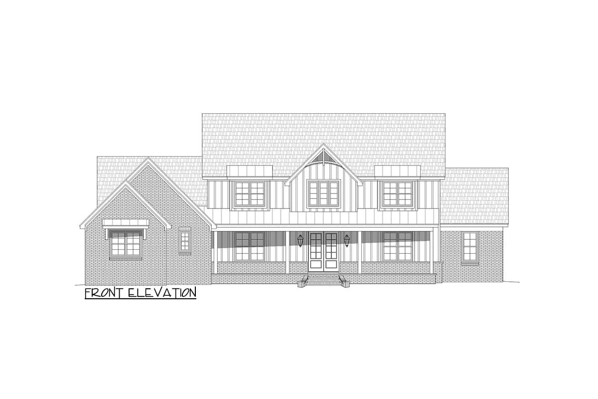 Front elevation drawing of a two-story house with a gabled dormer, wide porch, and brick accents.