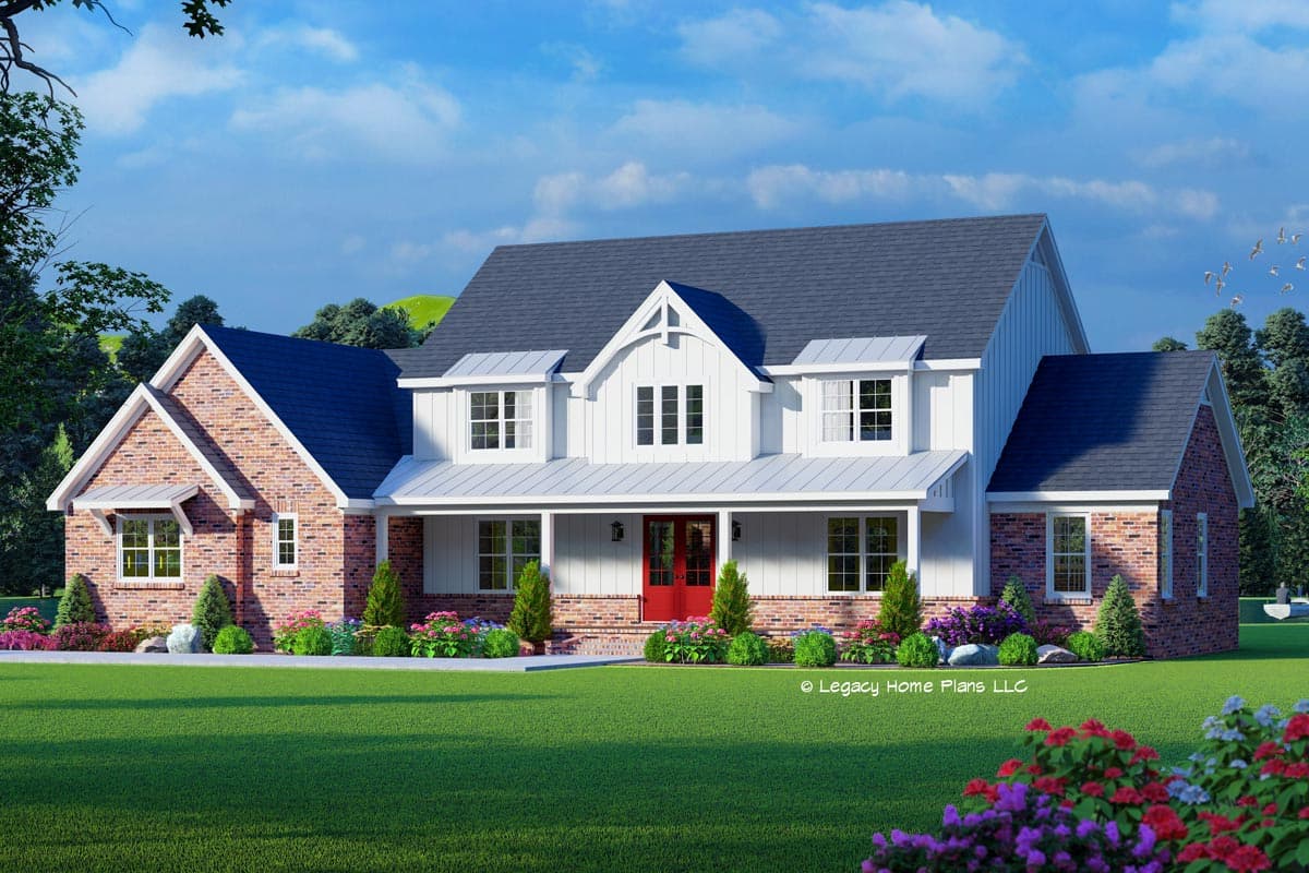 House plan exterior. Modern Farmhouse style with two stories, a front porch, multiple gables, and a brick and siding facade.