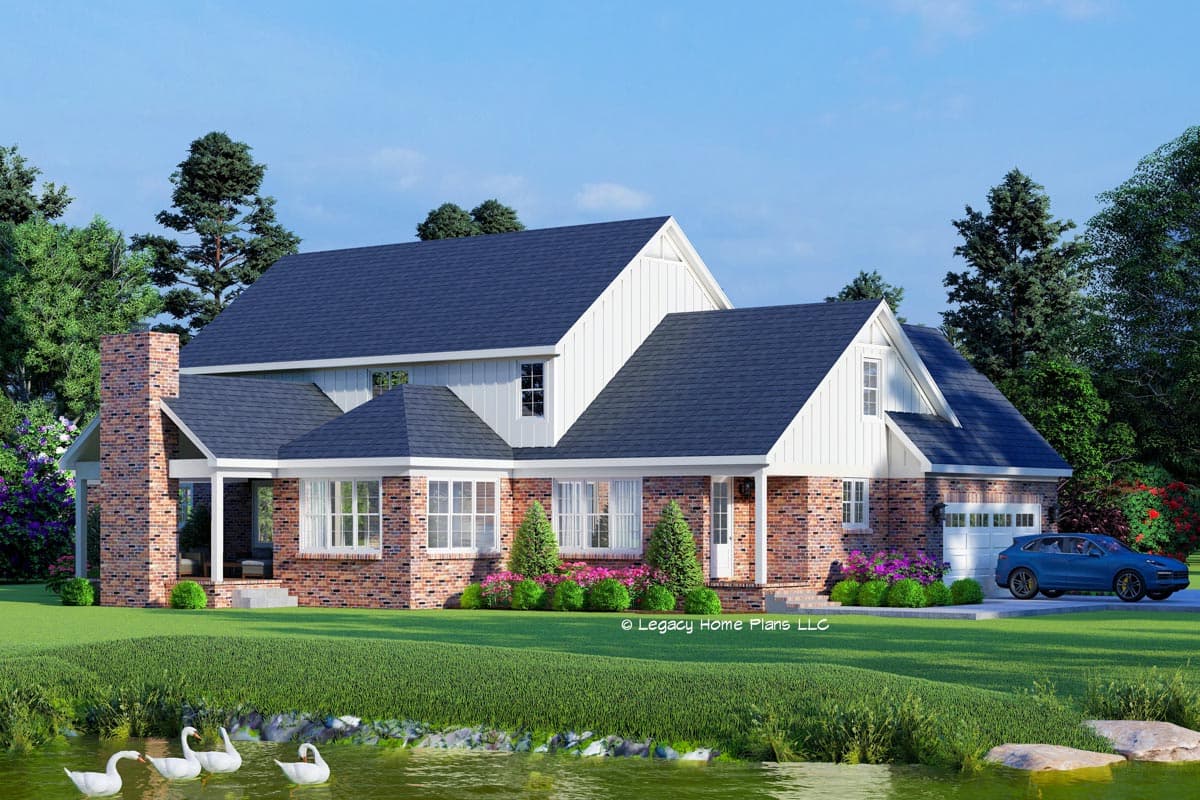 House plan exterior: Two-story modern farmhouse with brick facade, gabled dormers, large chimney, covered porch, and attached garage.