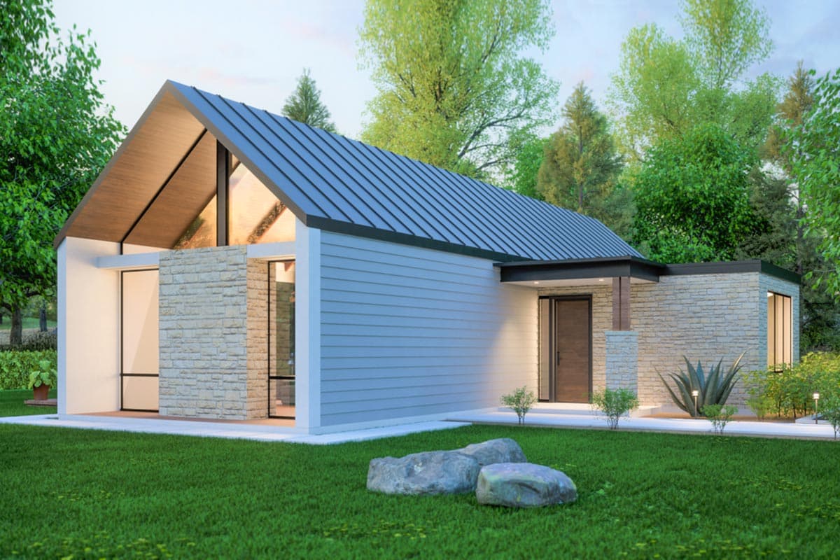 House plan exterior with a single gable roof, metal roof, and stone facade. Features include a covered entry and large windows.