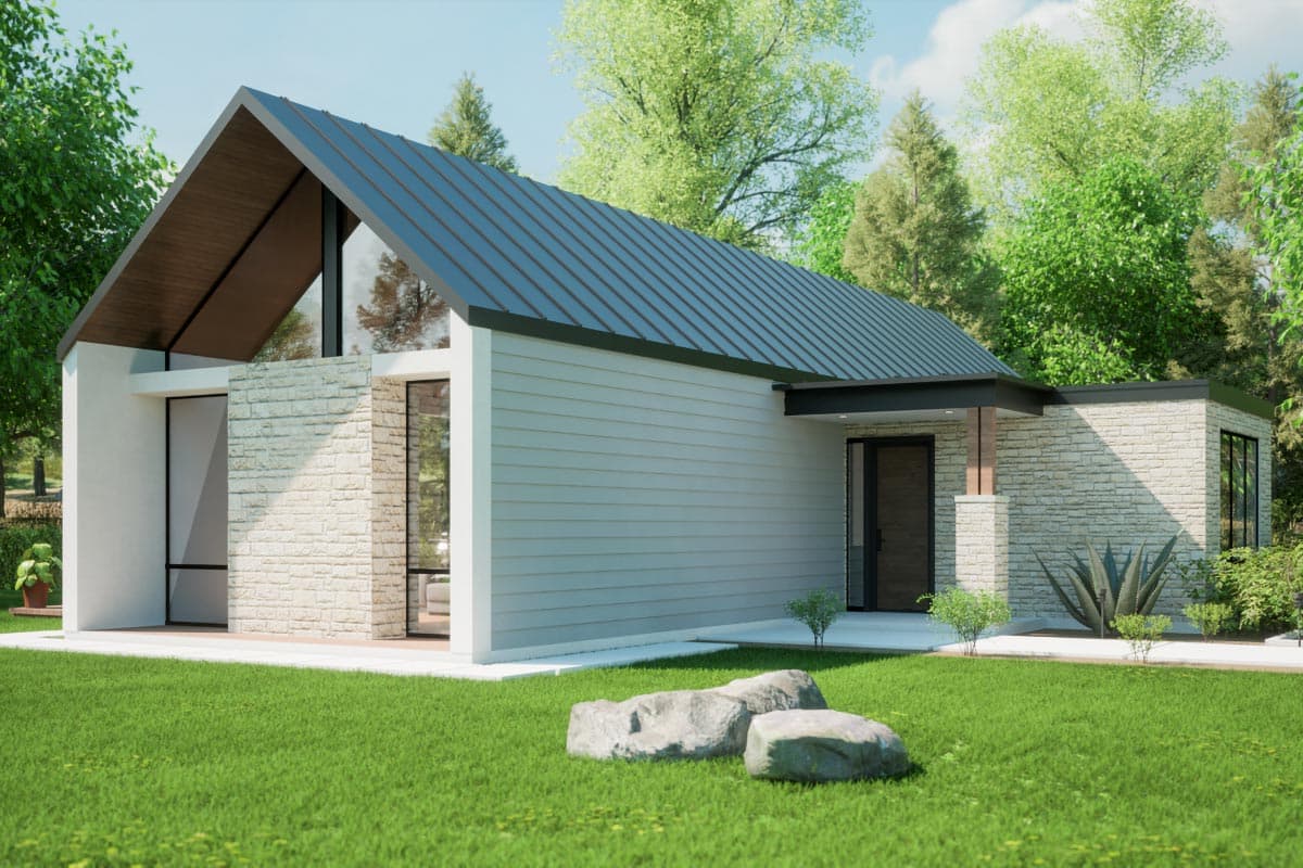 Modern house plan exterior with vaulted gables, stone and horizontal siding, and a covered entry.