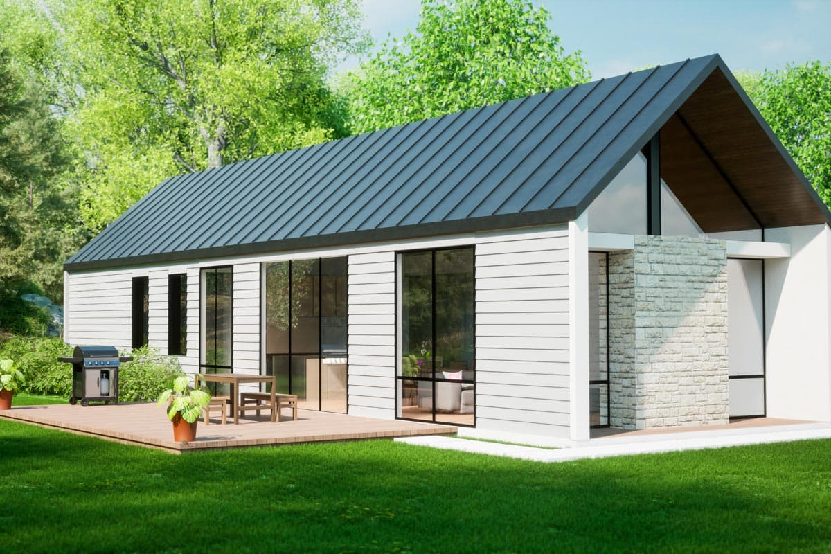 Modern house plan exterior with standing seam metal roof, white siding, large windows, and stone accent.