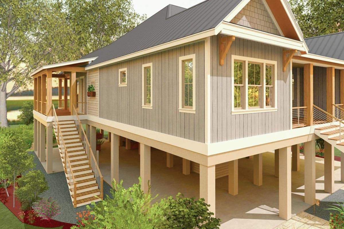 House plan exterior, raised ranch style with metal roof, covered porch, and central stairs to elevated living.