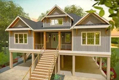 3-Bed Country Cottage House Plan on Pilings with Elevator - 2409 Sq Ft