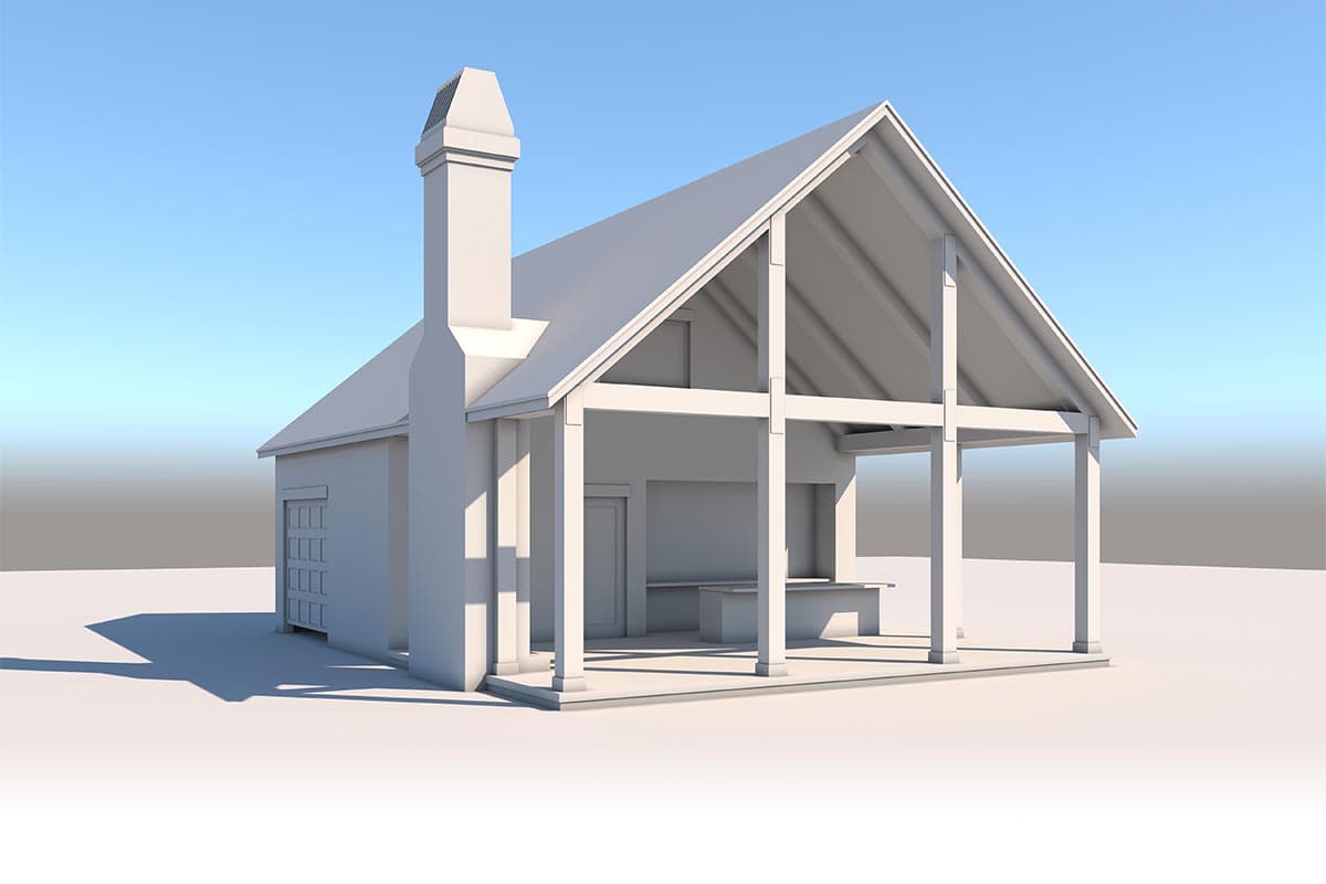 House plan exterior with gabled roof, exposed beams, large chimney, and covered porch area.