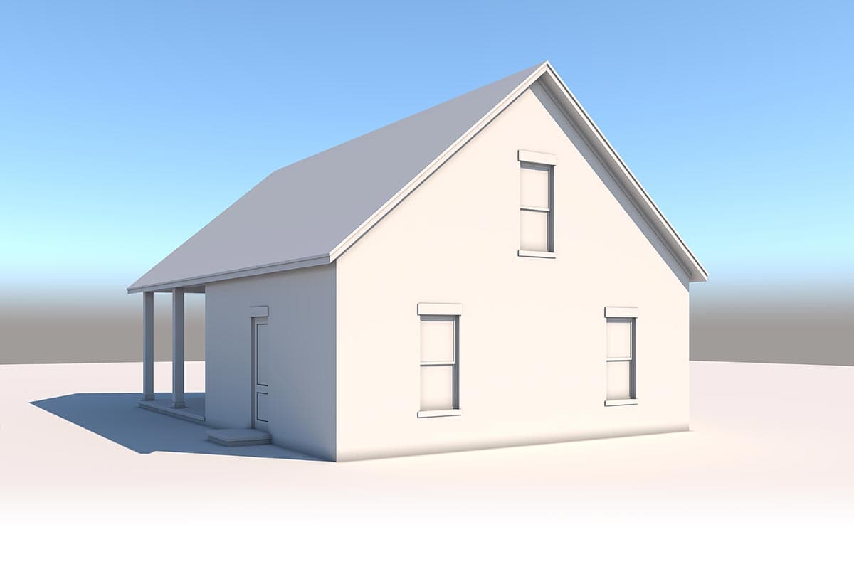 House plan exterior: two-story home with a gable roof, front porch with columns, and multiple rectangular windows.