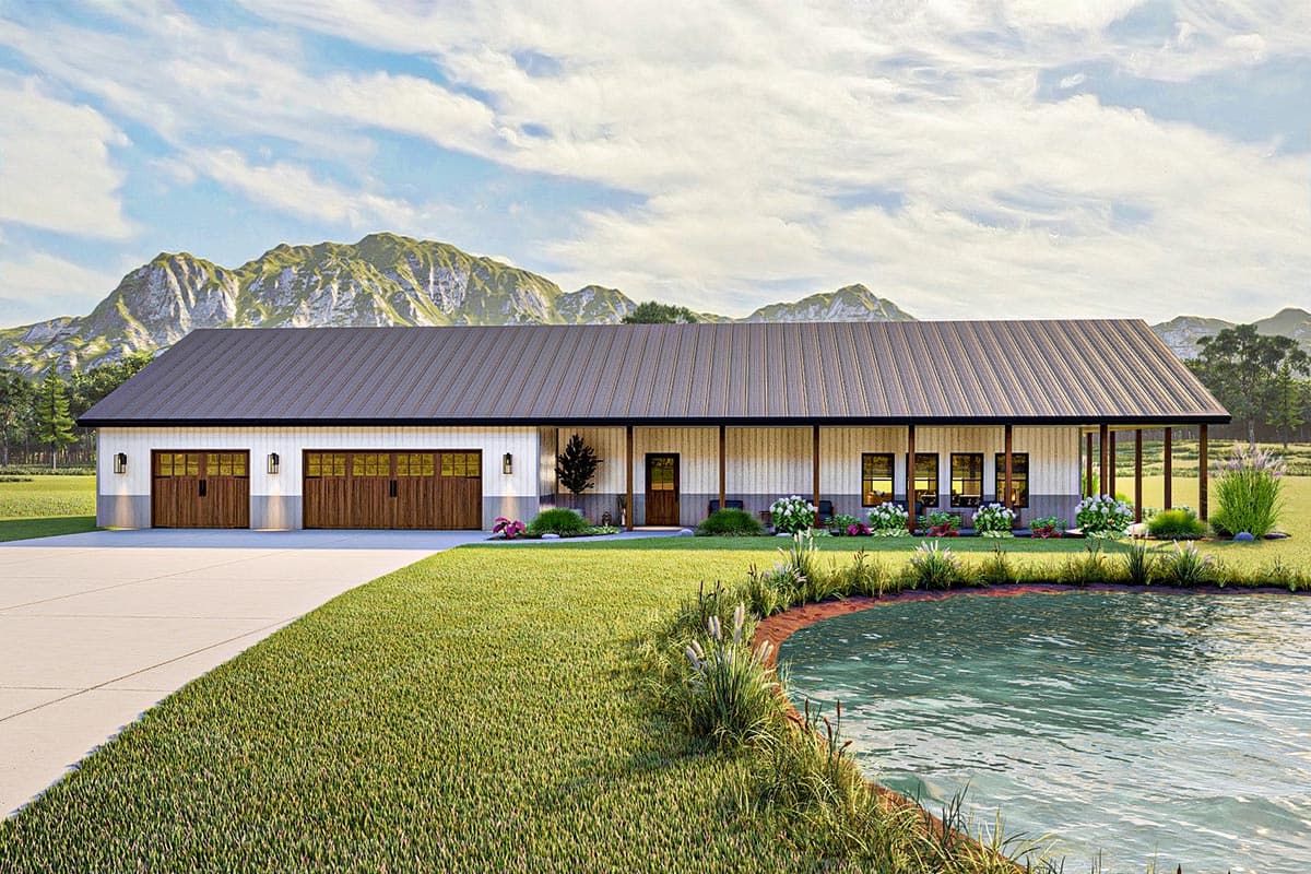 House plan exterior. Single-story, modern style. Features include a metal roof, covered porch, and attached garage. Located near a pond.