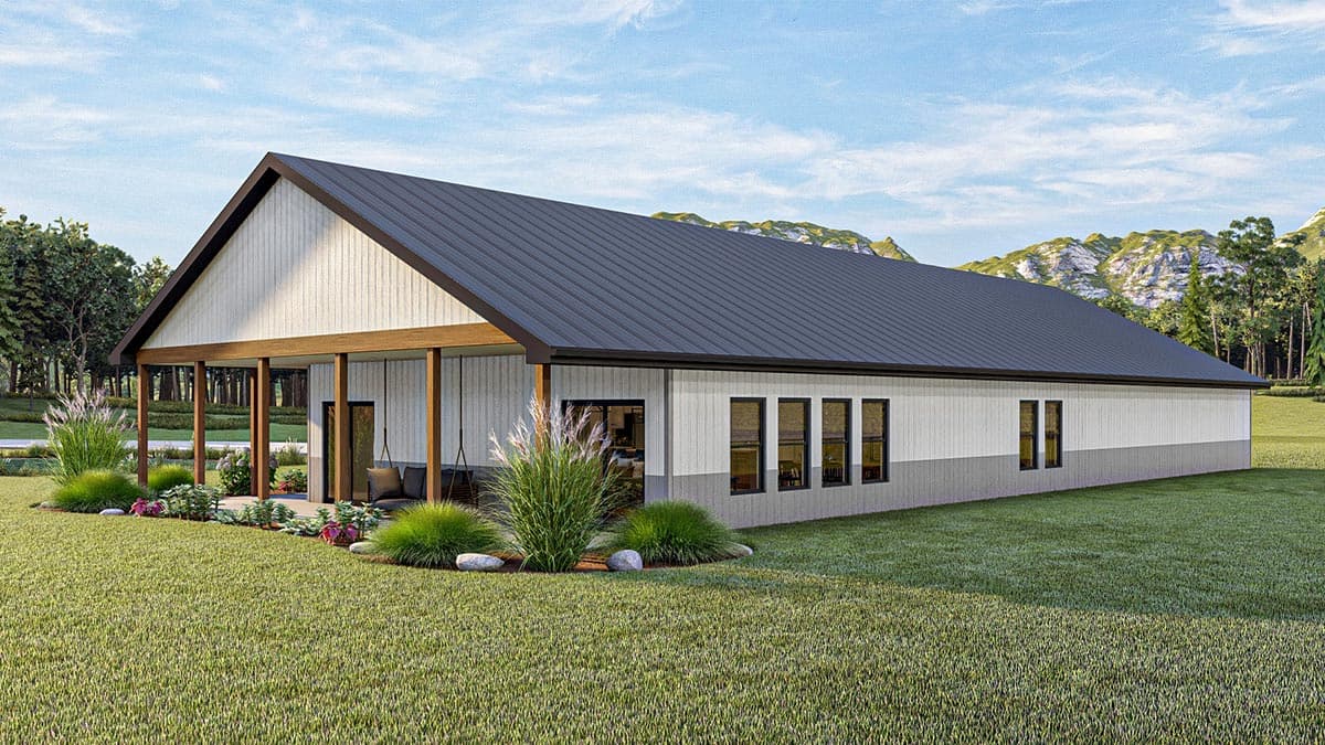 House plan exterior: One-story modern design with a covered porch, metal roof, vertical siding, and multiple windows.