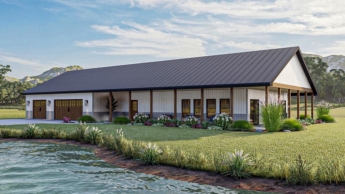 House plan exterior: Single-story Modern Farmhouse with a metal roof, front-facing garages, and a covered porch.