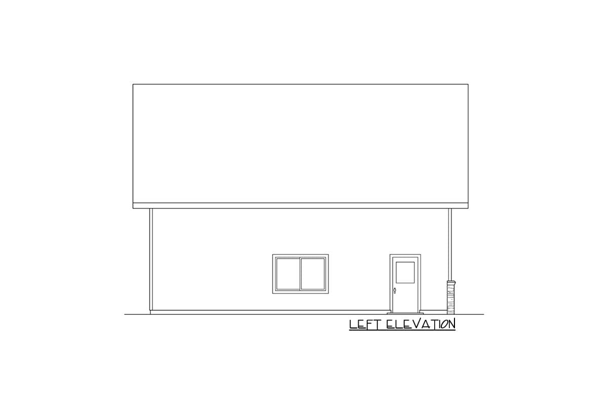 Left elevation drawing of a house plan showing one story, a door with a small porch, and a rectangular window.