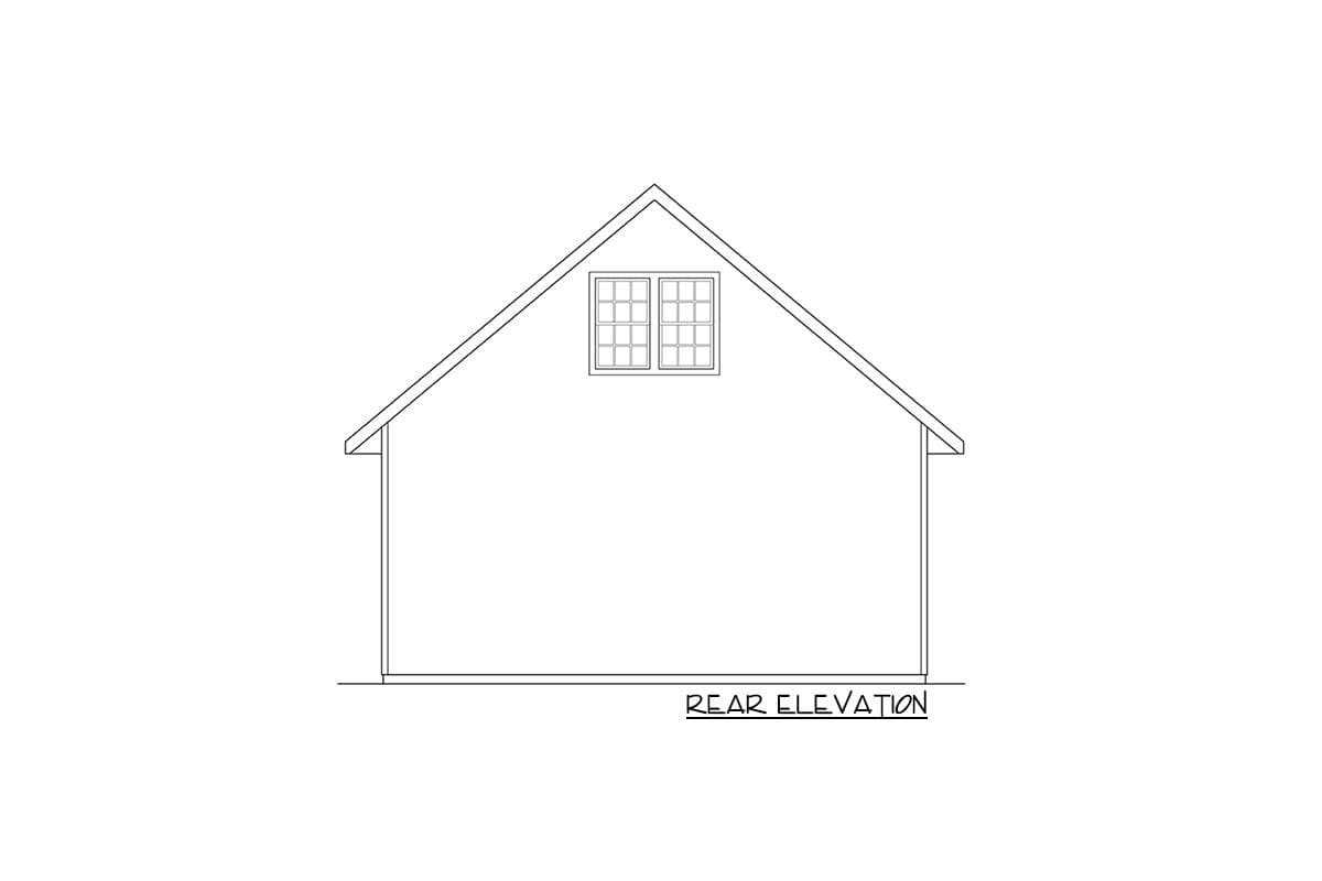 Rear elevation drawing of a house plan featuring a gable roof and a dormer window.