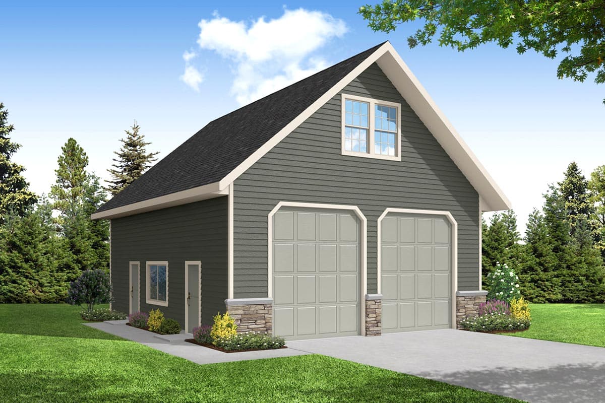House plan exterior with two-car garage, gable roof, and stone-veneer accents. The garage has a second-story window feature.