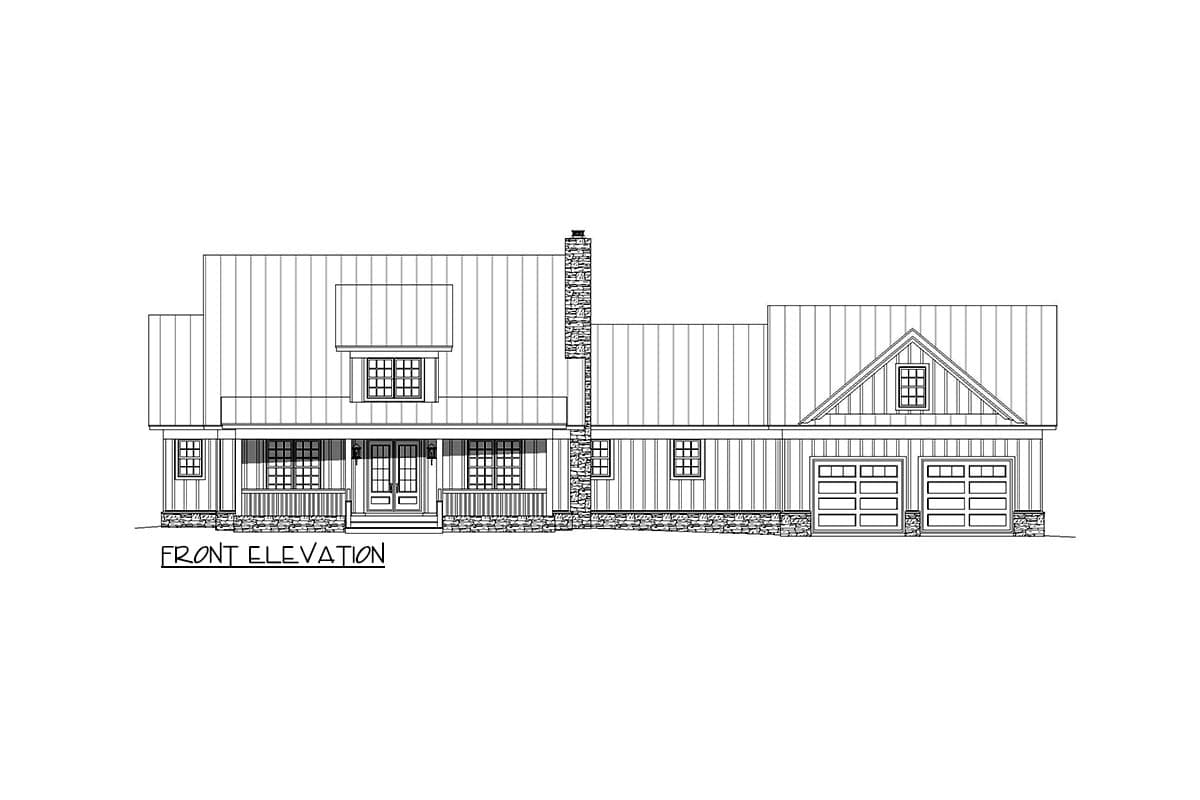Front elevation house plan with covered porch, stone chimney, dormer, and two-car garage.