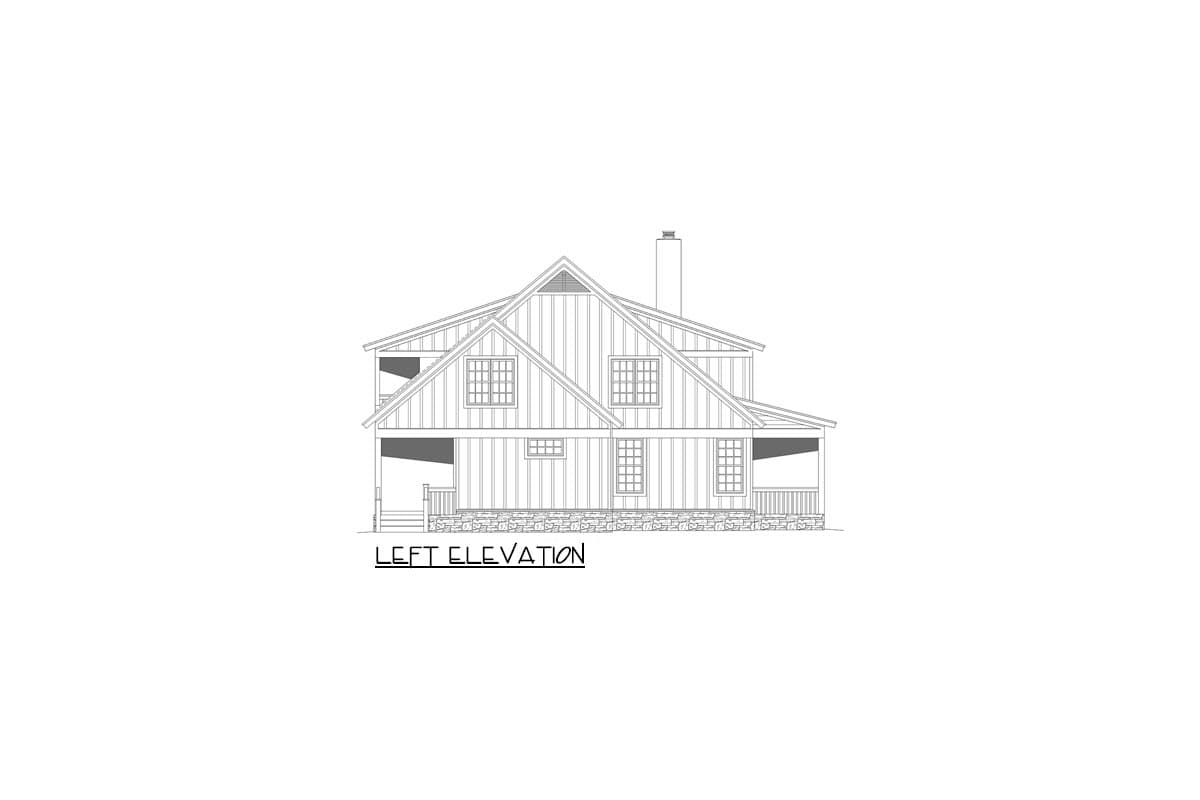 Left elevation drawing of a two-story house plan with gables, dormers, and a wraparound porch.