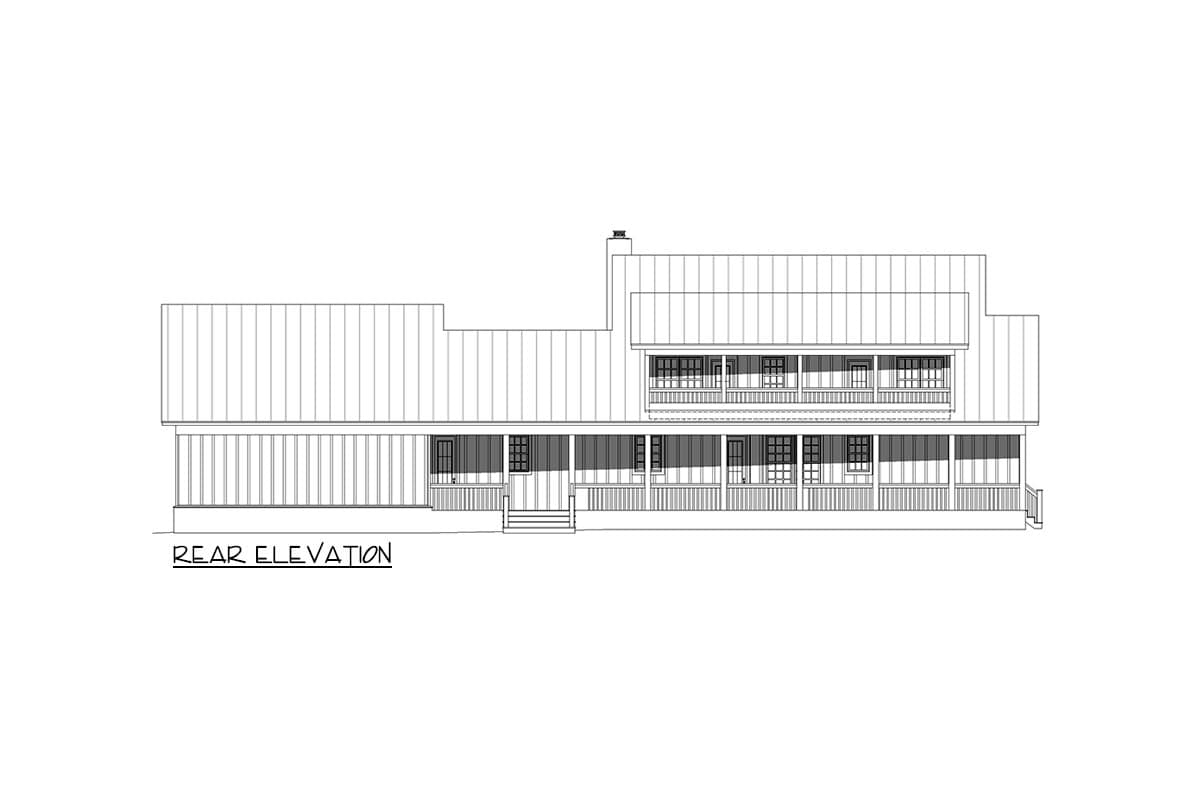 Rear elevation of a house plan featuring a wraparound porch, multiple dormers, and a metal roof.