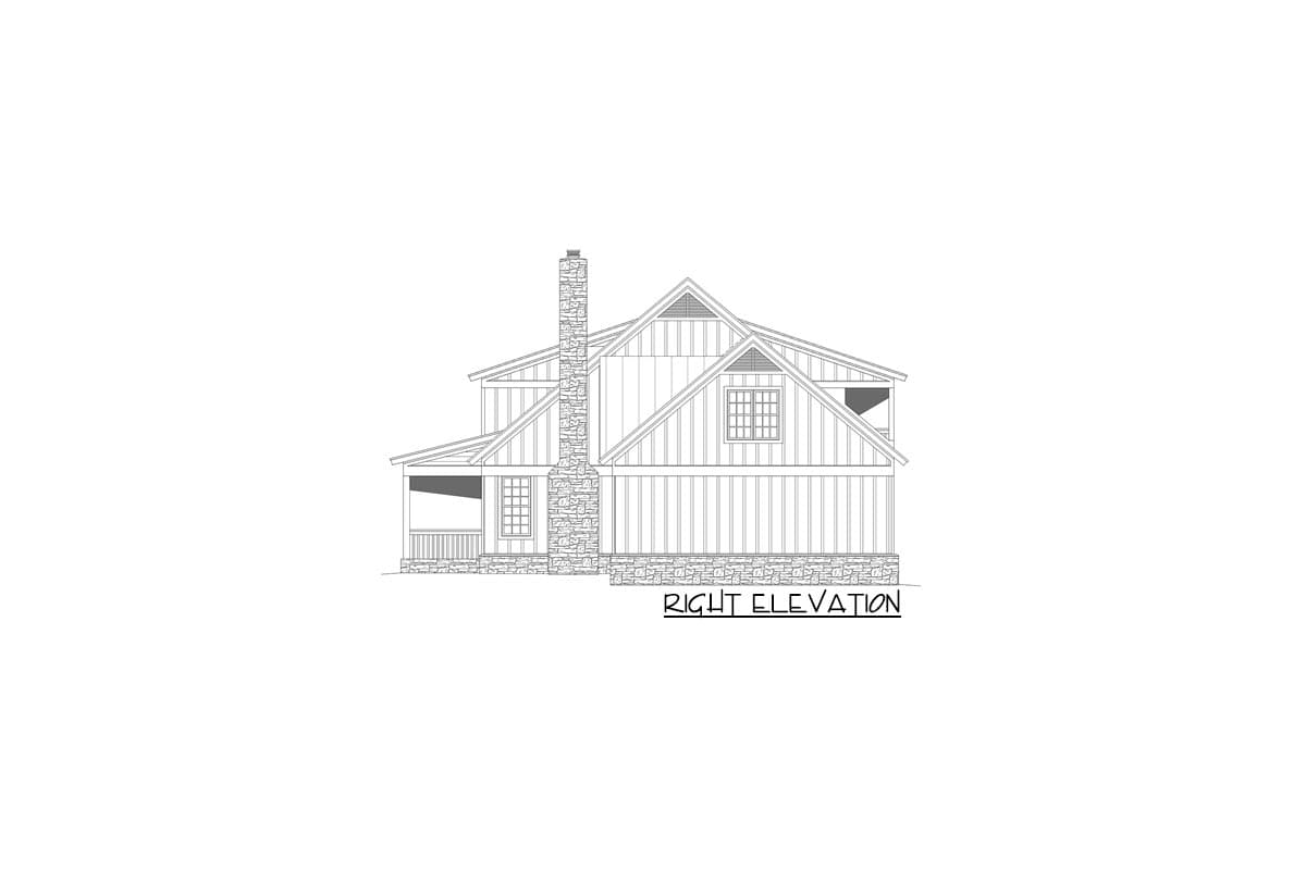 Right elevation of a two-story house plan featuring a stone chimney, gable rooflines, and a covered porch.