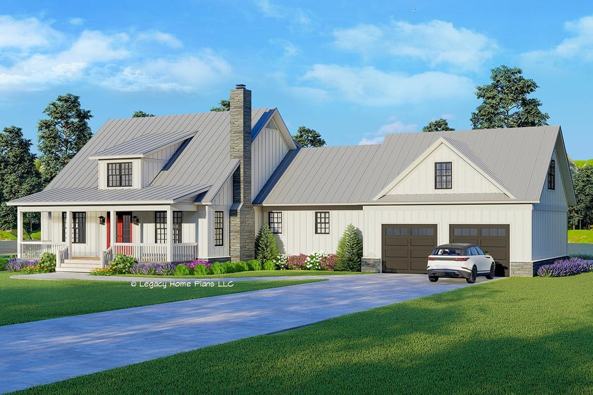 House plan exterior. Two-story Modern Farmhouse with a gabled roof, a front porch, and a two-car garage. Features a stone chimney.