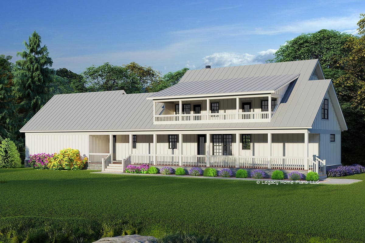 Modern Farmhouse house plan exterior with wrap-around porch, two stories, gables, and metal roof.