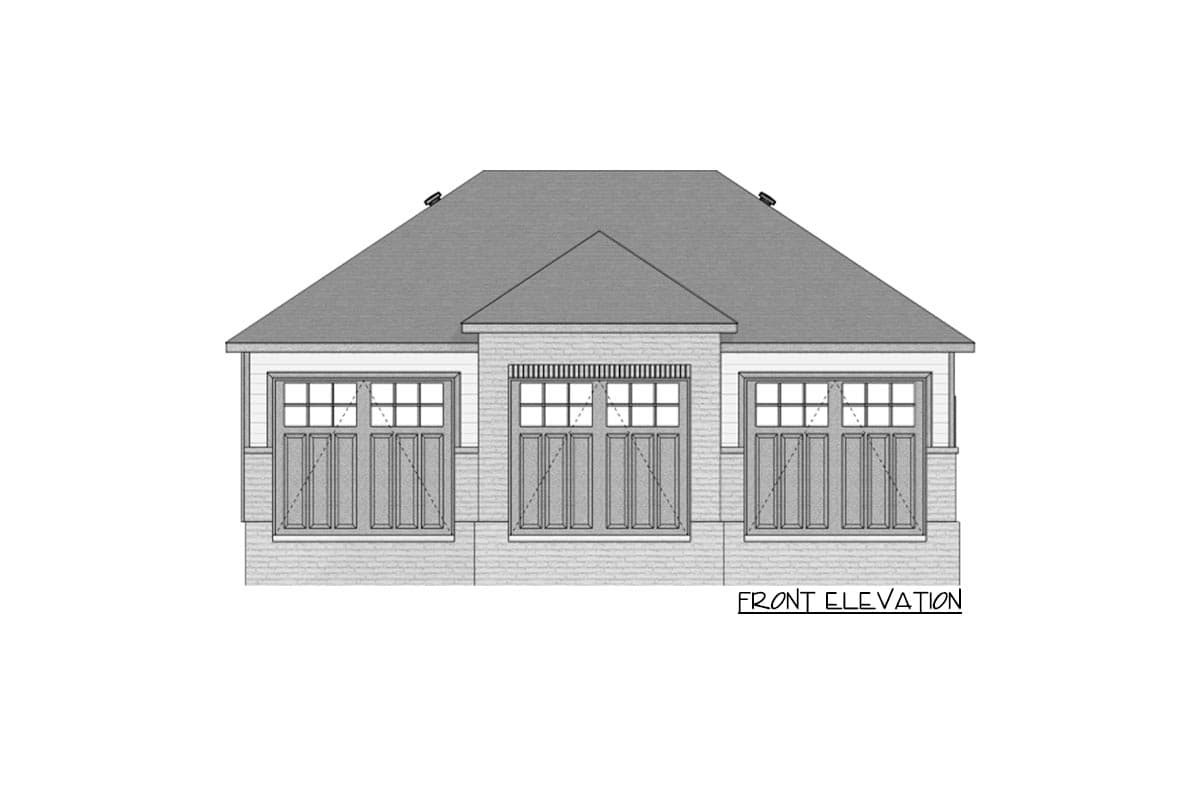 Front elevation drawing of a single-story house plan with a hipped roof and three garage doors.