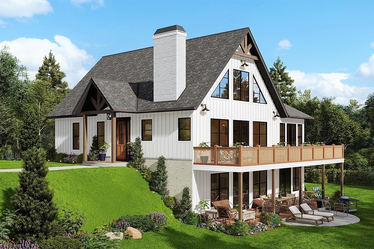 Modern Farmhouse house plan exterior with large gables, A-frame windows, wrap-around deck, and stone foundation.