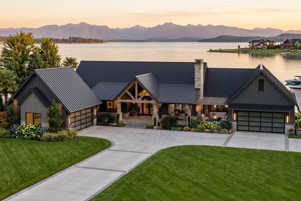 Modern Farmhouse house plan exterior with metal roof, stone chimney, and two-car garage. Features exposed timber framing at entry.