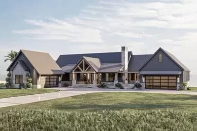 Multi-Generational One-Story Lake House Plan with Main Floor Suite with Second Kitchen