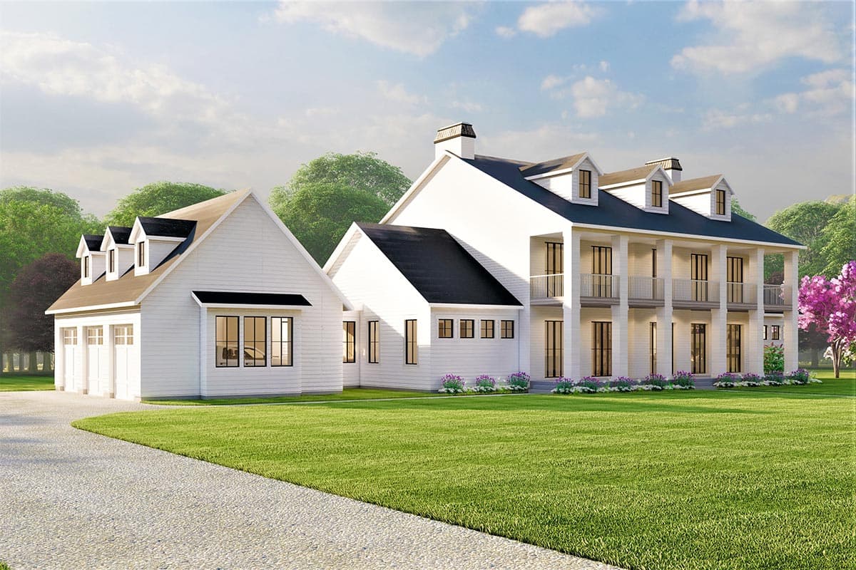 House plan exterior: Modern Farmhouse style, two stories, white siding, triple dormers, covered front porch with columns, attached three-car garage.