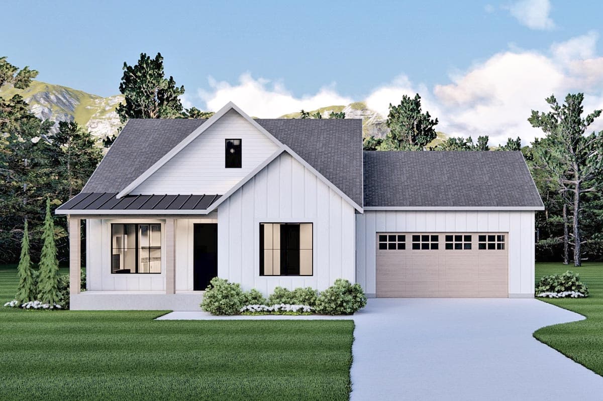 House plan exterior. Modern Farmhouse style with a single story, a front porch, gables, and an attached garage with a neutral-tone door.