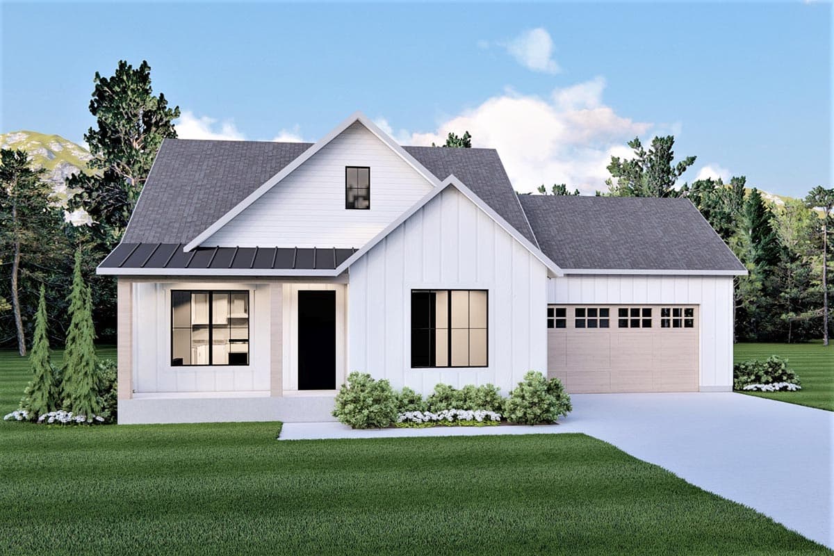 Modern Farmhouse house plan exterior with white board-and-batten siding, gables, and attached garage.