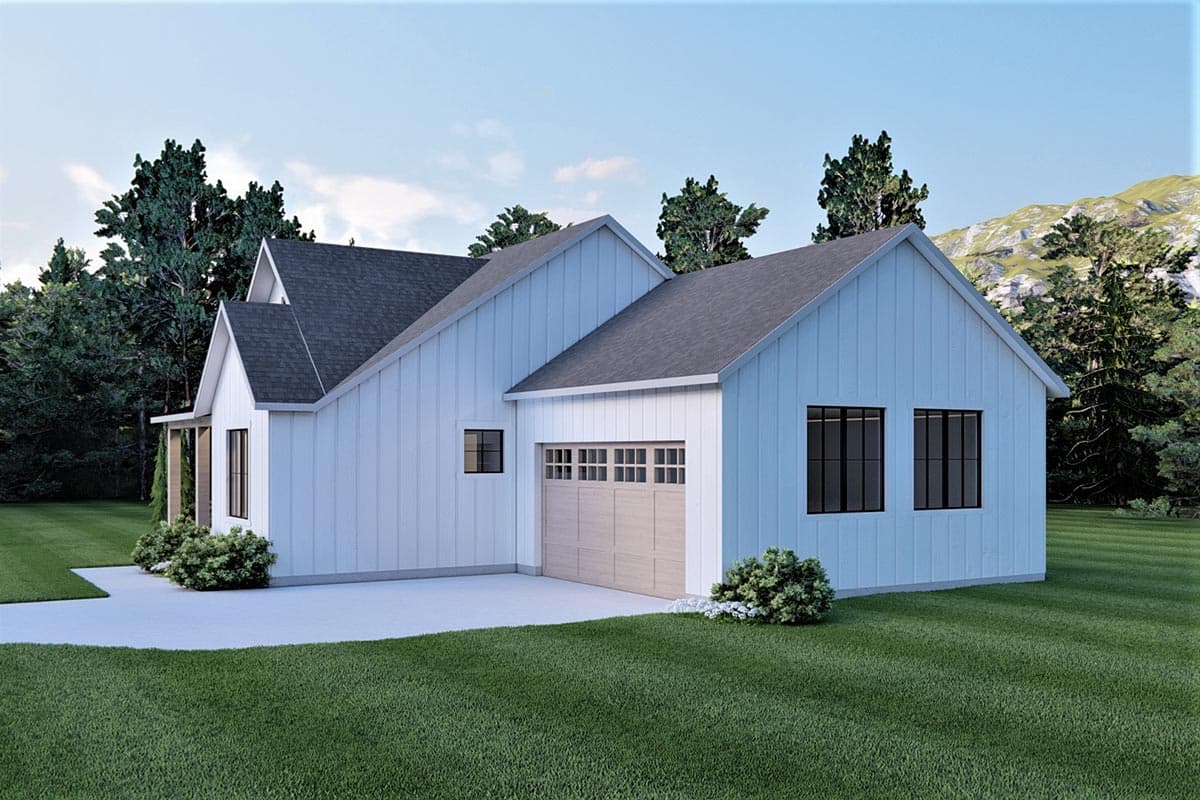 Modern Farmhouse house plan exterior with board and batten siding, gable rooflines, covered entry, and a two-car garage.