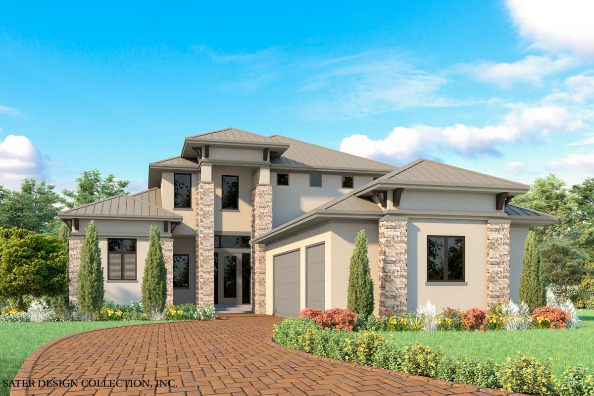 House plan exterior with two stories. Features include a flat roof, stone accents, and a two-car garage. A brick paver driveway leads to the entry.
