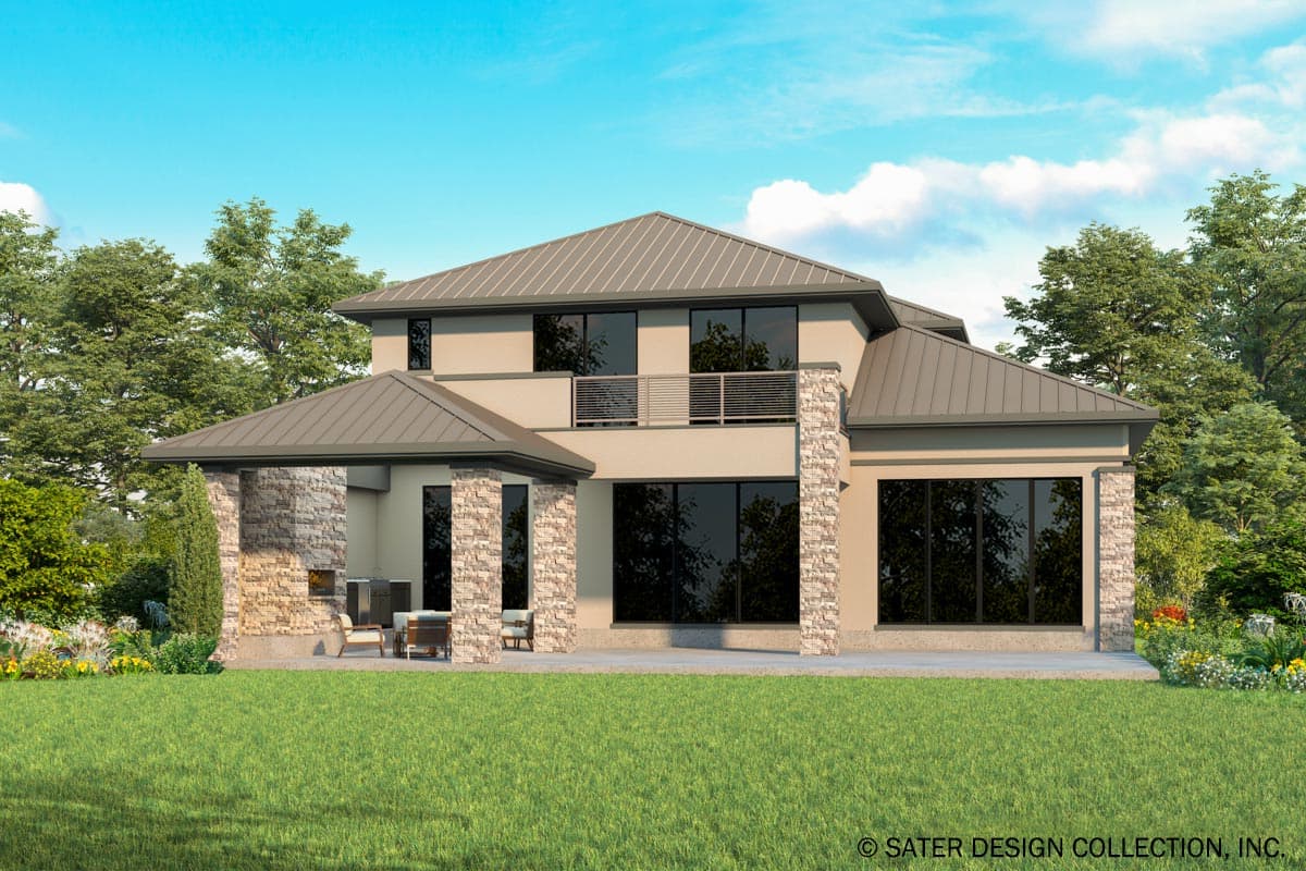 Two-story modern house plan exterior with stone accents, covered patio with outdoor kitchen, balcony, and metal hip rooflines.