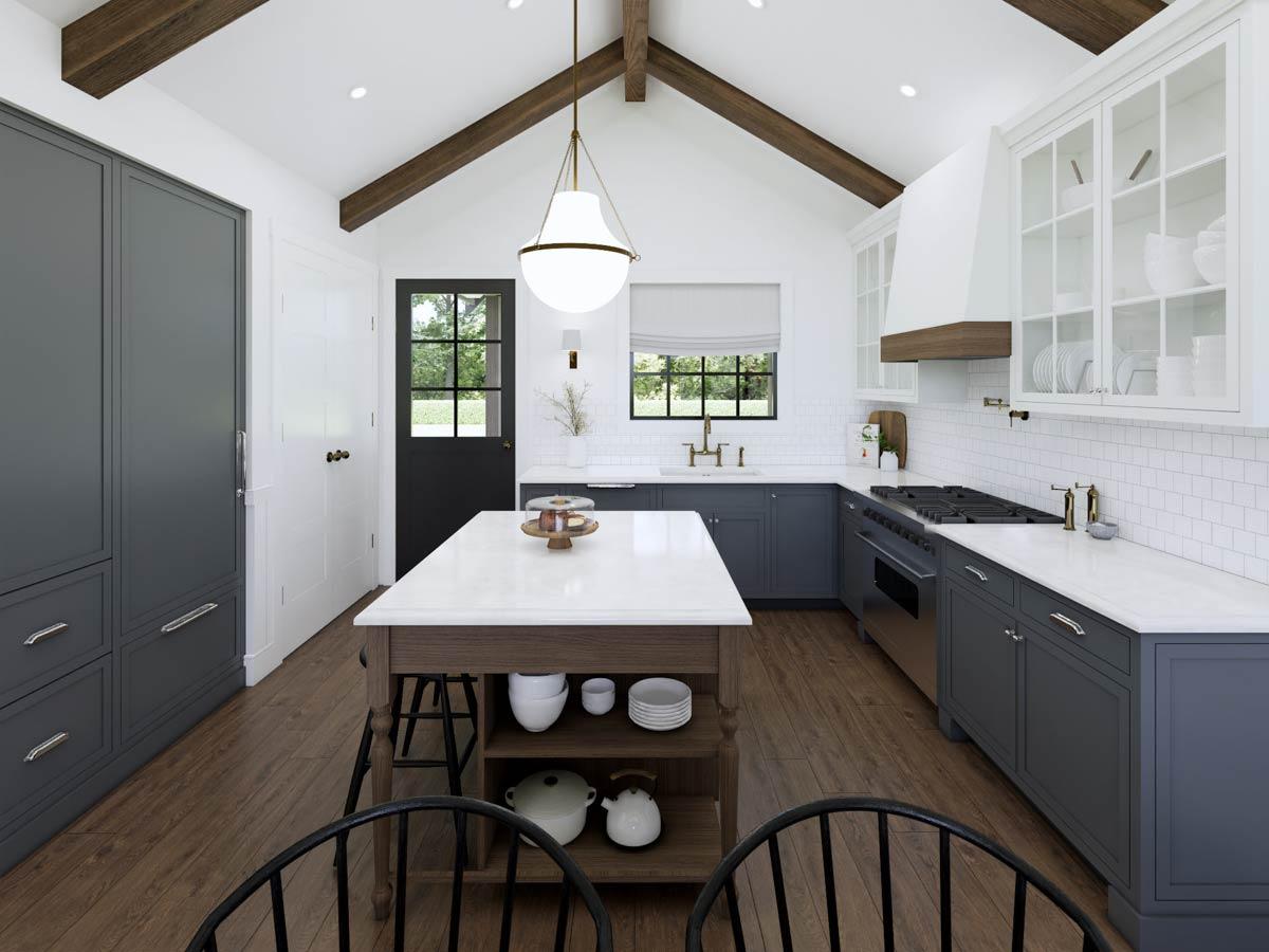 A modern, open-concept kitchen featuring a large island with seating, dark cabinets, white countertops, and wood beams across the ceiling.