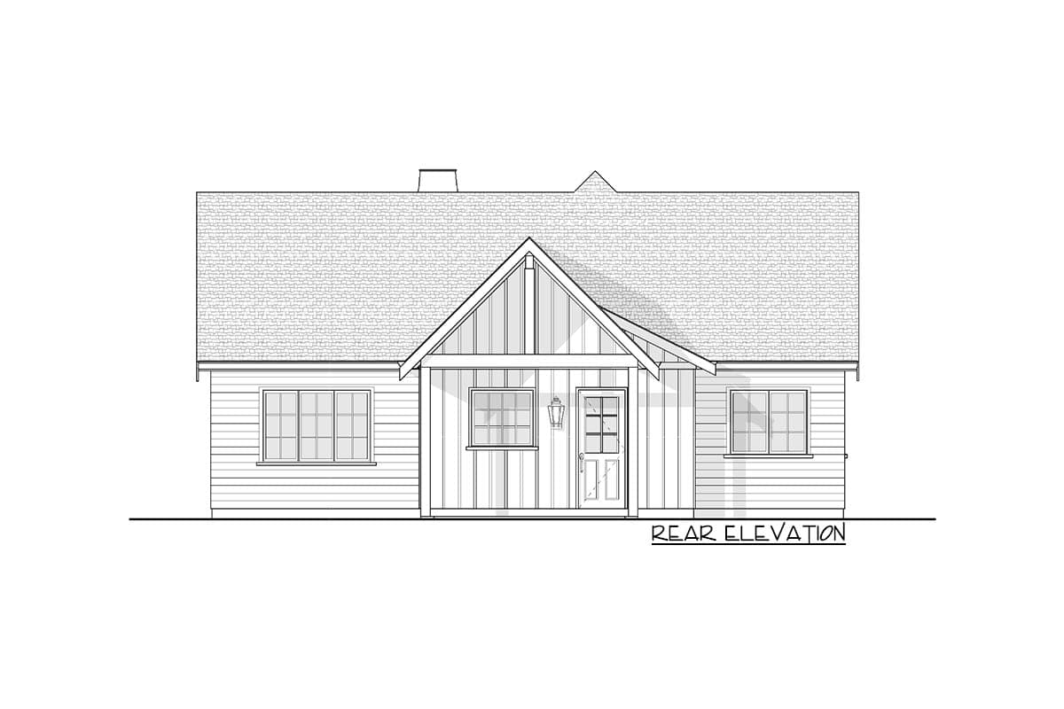 A rear elevation architectural drawing of a small house, featuring a gabled porch entrance, multiple windows, and a shingled roof.