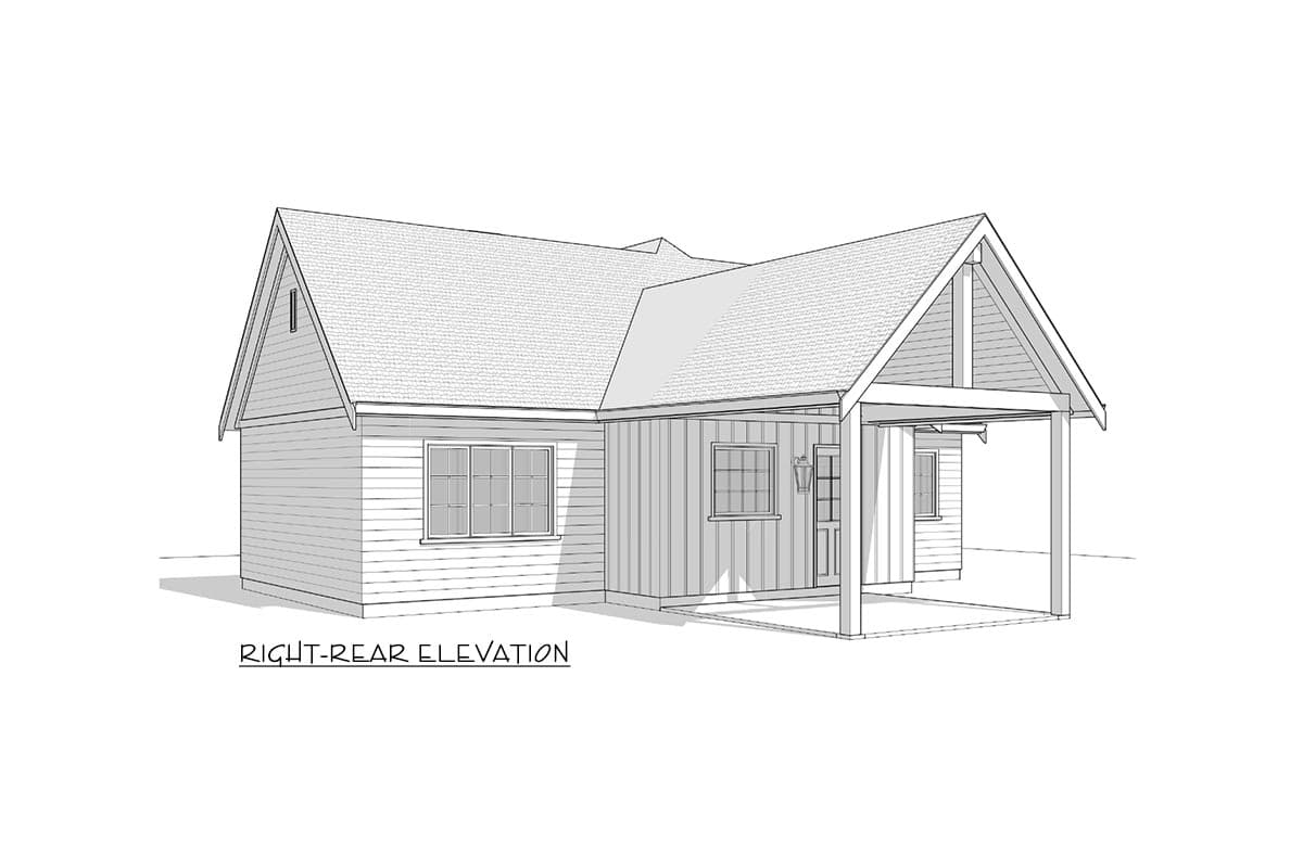 Architectural rendering of a single-story house with a gabled roof and a covered porch. Windows and a front door are visible on the exterior.