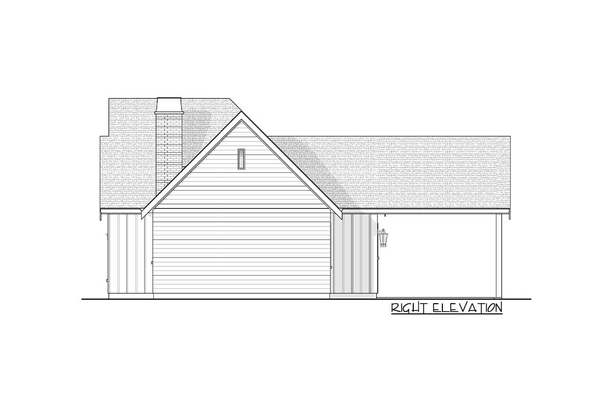 Line drawing of a house's right elevation, featuring a gabled roof, chimney, clapboard siding, and a small porch area with a lamp.